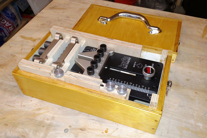 Open Dowelling Jig Box with All Its Contents Stored Inside
