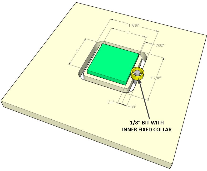 Cutting Around the Model Square into the MDF Substrate Showing the Fixed Collar and 1/8-inch Cutting Bit