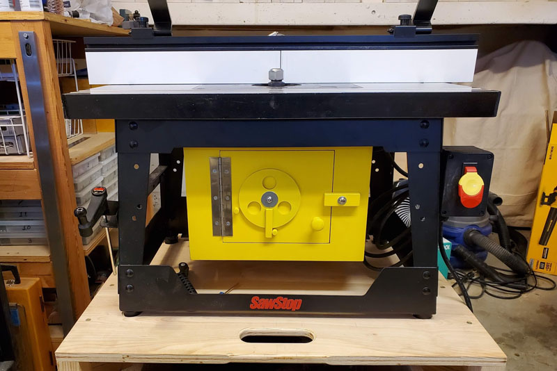 Front of the Dust Collection Box Mounted Under a SawStop Benchtop Router Table