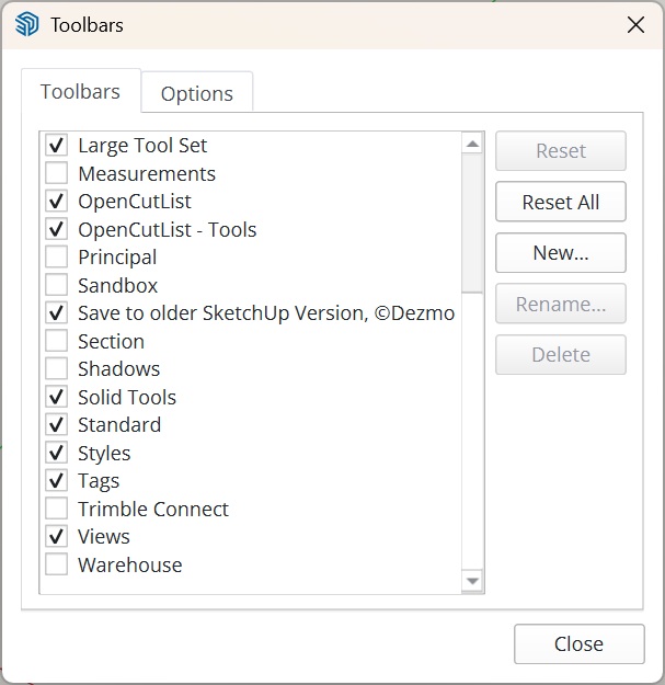 List of Selected Toolbars
