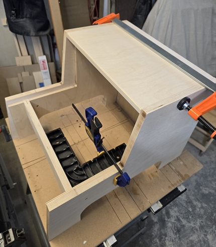 Looking Down into Stool with Top Step Removed and Clamps Holding Everything Together